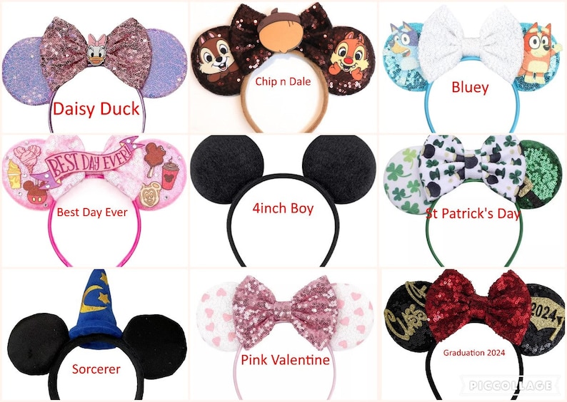 May include: A collage of ten different mouse ear headbands. The headbands are decorated with various themes, including Disney characters, holidays, and special occasions. The headbands are all 4 inches in diameter.