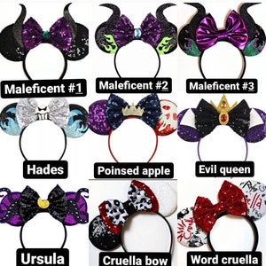 May include: Nine pairs of Disney character-themed mouse ears with different designs. The designs include Maleficent, Hades, Ursula, Cruella de Vil, and the Evil Queen.