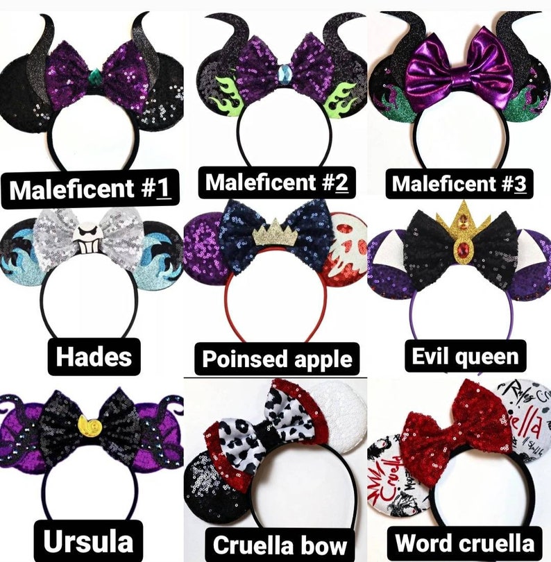 May include: Nine pairs of Disney character-themed mouse ears with different designs. The designs include Maleficent, Hades, Ursula, Cruella de Vil, and the Evil Queen.