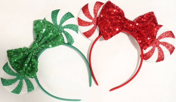 Peppermint Candy Minnie Mouse Ears, Christmas Minnie Ears, Christmas Disney Ears, Holiday Minnie Ears, Green Mickey Ears, Red Minnie Ears