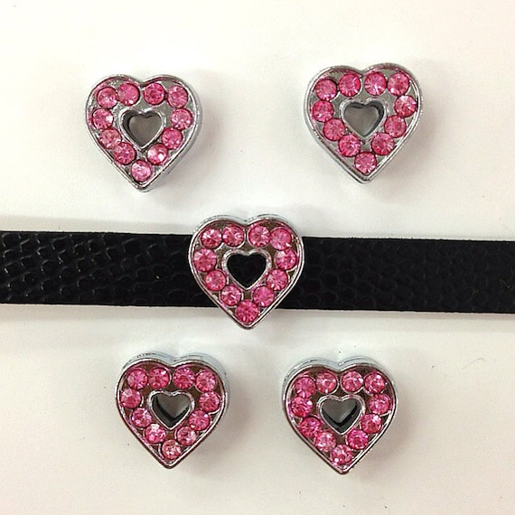 Set of 10pc Pink Rhinestone Heart Slide Charm Fits 8mm Wristband for Jewelry / Crafting