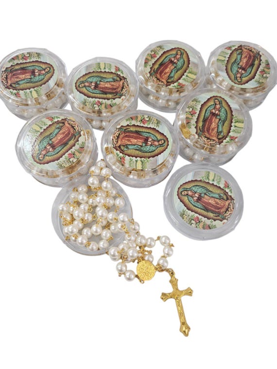 12 x Wholesale Bulk lady of Guadalupe Rosary Long Faux Pearl Rosary /keychain/ hand fans/ gifts for Baptism, Wedding, party favor church gif