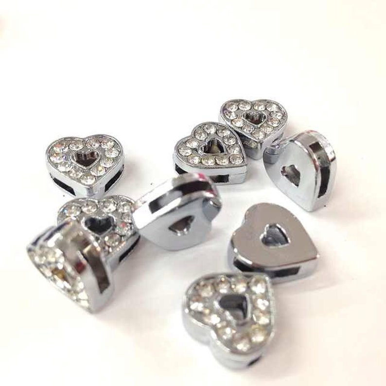Silver Rhinestone Heart Set of 10pc Silver Rhinestone Heart Slide Charm Fits 8mm Wristband for ...