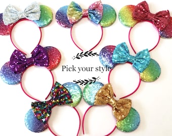 Regenbogen Minnie Mouse Ohren, Regenbogen Disney Ohren, Regenbogen Minnie Ohren Stirnband, Pastell Minnie Ohr, Pastell Mickey Ohr, Regenbogen Mickey Mouse Ohr