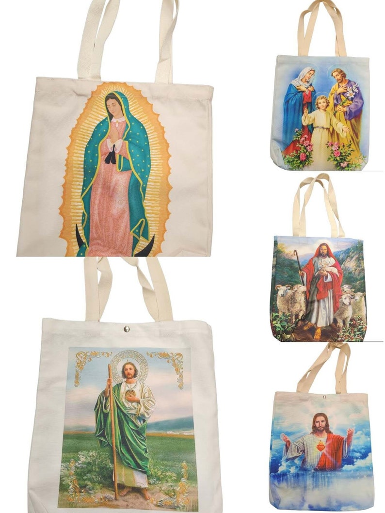 Immaculate Heart of Mary Tote Bag, Reusable Shopping Bag, lady of Guadalupe, St Jude, Sacred Heart & Our Father, holy family, church gifts, image 2