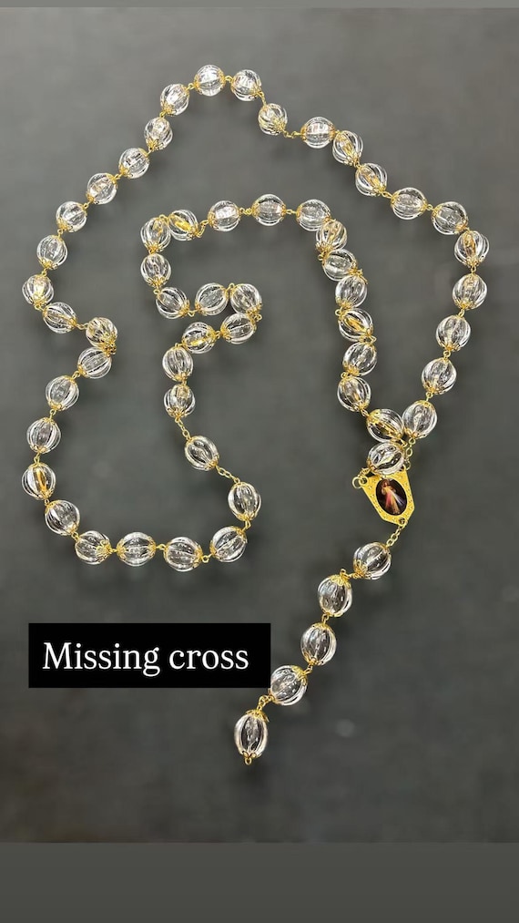 broken missing cross giant large 45 inches drop down clear crystal rosary  statement rosary 21mm bead size wall rosary  Bling Upcycle Repair