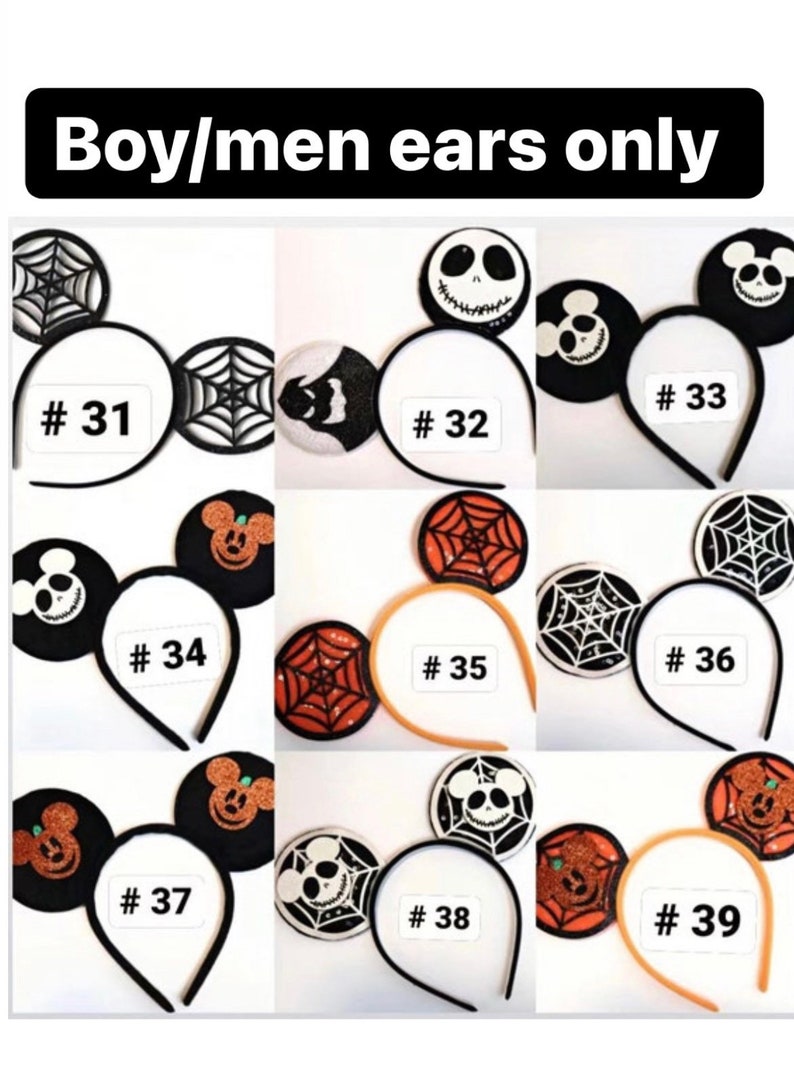 May include: Nine pairs of Halloween-themed mouse ears with different designs, including a spiderweb, a pumpkin, and a skull. Each pair is numbered 31 through 39.