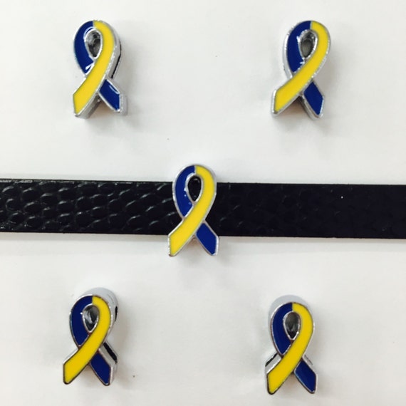 Set of 10pc Blue & Yellow Ribbon Slice Charm Fits 8mm Wristband for Jewelry / Crafting