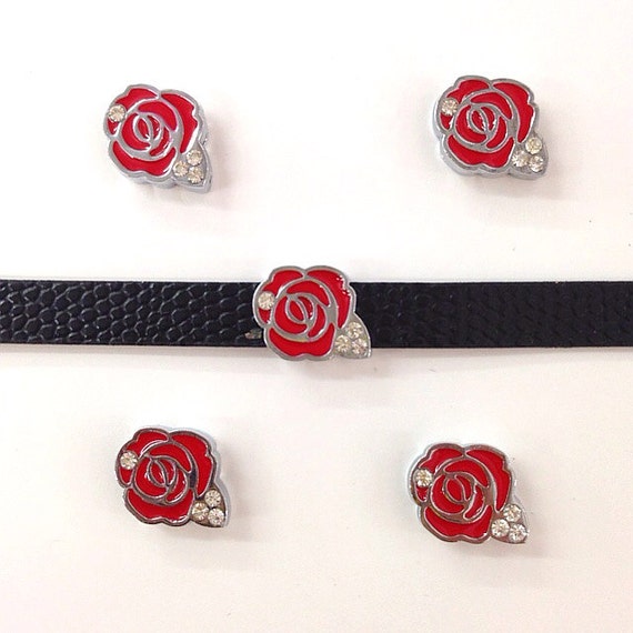 Set of 10pc rhinestone red flower / rose slide charm fits 8mm wristband for jewelry /crafting