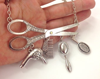 Cosmetologist Hair Dresser Rhinestone Long Necklace w/ Scissor Necklace / Hair Stylist Jewelry / Hairdresser Gift / 4"
