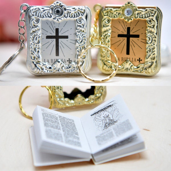12 Mini Bible Keychain English Spanish Gold Silver Holy Bible Religious Favor / Baptism Favor / First Communions / Baptism / Wedding Shower