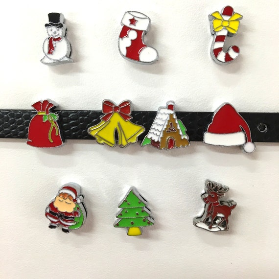Set of 10pc Mixed Christmas Holiday Santa Clause / Snowman / Christmas Tree Slide Charm Fits 8mm Wristband for Jewelry / Crafting
