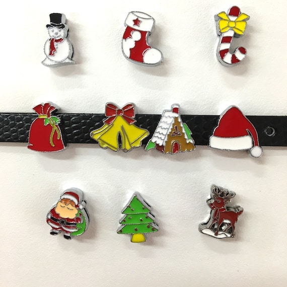 Set of 50pc Mixed Christmas Holiday Santa Clause / Snowman / Christmas Tree Slide Charm Fits 8mm Wristband for Jewelry / Crafting