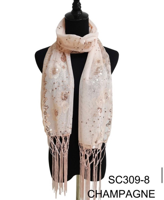 Champange Sequin Wedding Scarf Shawl / Mother's Day Gift / Evening Prom Accessories / Sequin Glitter Beaded Shawl Scarf Wrap Veil Formal