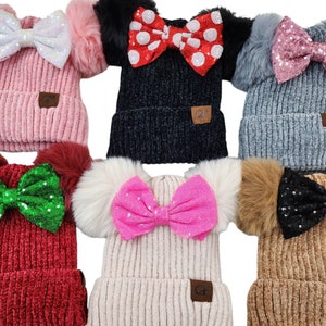 Rose Gold Minnie Mouse Ears Beanie, Winter BEANIE, Pom Pom Beanie,Holiday Gifts for Friends Teen Gift Ideas Winter Christmas Gift for Her