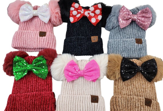Rose Gold Minnie Mouse Ears Beanie, Winter BEANIE, Pom Pom Beanie,Holiday Gifts for Friends Teen Gift Ideas Winter Christmas Gift for Her