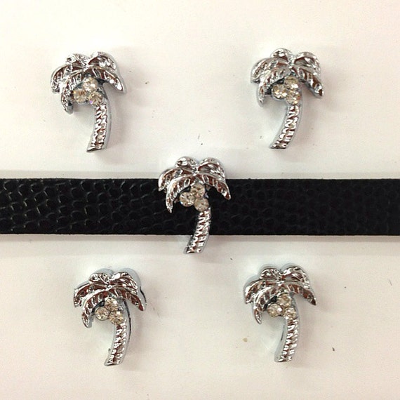 Set of 10pc Silver Rhinestone Palm Tree Slide Charm Fits 8mm Wristband for Jewelry / Crafting