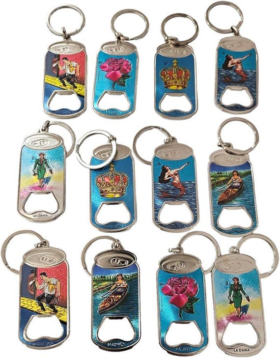 12 x Mexican Loteria Keychains Llaveros de Lotería Mexicana Keychain  / Mexican party favor flag skulls loteria key chains beer bottle