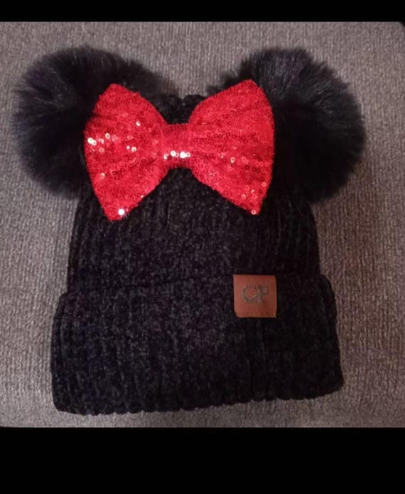 Black Minnie Mouse Ears Beanie, Winter BEANIE, Pom Pom Beanie,Holiday Gifts for Friends Teen Gift Ideas Winter Christmas Gift for Her