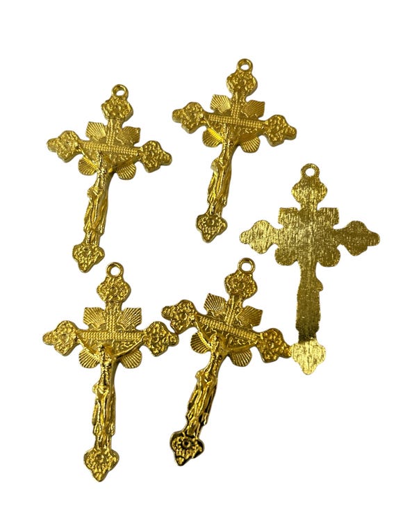 Set of 12pc gold tone Vintage Cross Religious Charm - 51mm x 27mm Jewelry Rosary Making Supplies