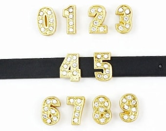 Set of 10pc gold Rhinestone Number Charm 0-9 Fits 8mm Wristband for Jewelry / Crafting