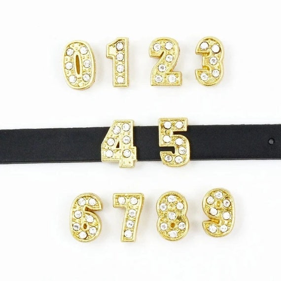 Set of 10pc gold Rhinestone Number Charm 0-9 Fits 8mm Wristband for Jewelry / Crafting
