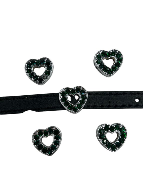 Set of 10pc Green Rhinestone Heart Slide Charm fits 8mm Wristband for Jewelry / Crafting / Charm Bracelet / 8mm Slide Charm / Charm Necklace