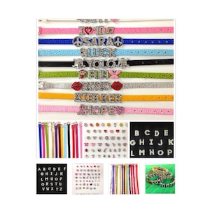 May include: A collection of colorful bracelets with various charms and text. The bracelets are in pink, blue, black, green, silver, and yellow. Charms include letters, hearts, peace signs, and lips. Additional charms and letters are also displayed.