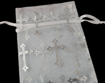 Set of 12 cross print organza Bag 3"x 4" 4"x5" 5"x7"religious  Favor Bags, baptism favor, Bags Jewelry candy Packing Pouch Drawstring Bag