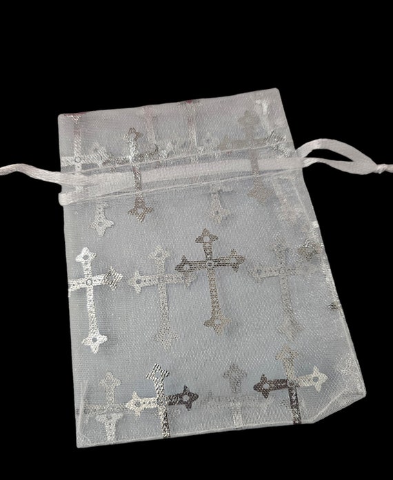 Set of 12 cross print organza Bag 3"x 4" 4"x5" 5"x7"religious  Favor Bags, baptism favor, Bags Jewelry candy Packing Pouch Drawstring Bag