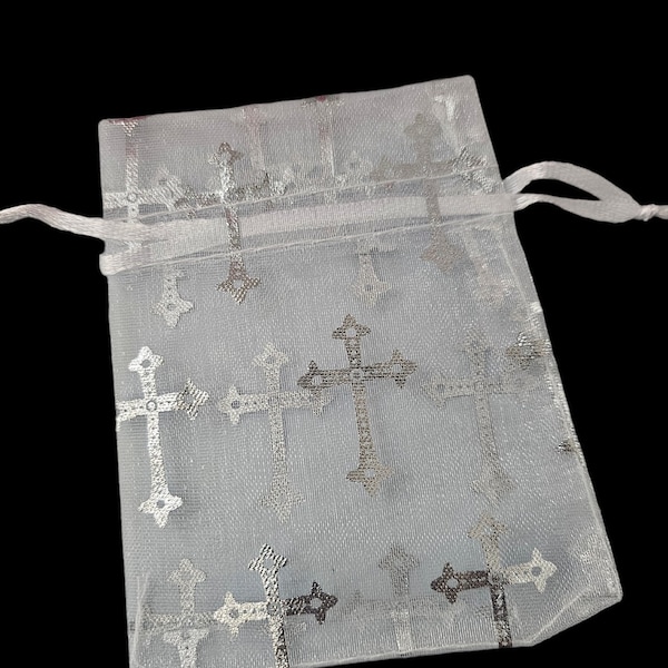 Set of 12 cross print organza Bag 3"x 4" 4"x5" 5"x7"religious  Favor Bags, baptism favor, Bags Jewelry candy Packing Pouch Drawstring Bag
