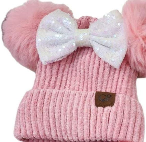 Pink Minnie Mouse Ears Beanie, Winter BEANIE, Pom Pom Beanie,Holiday Gifts for Friends Teen Gift Ideas Winter Christmas Gift for Her