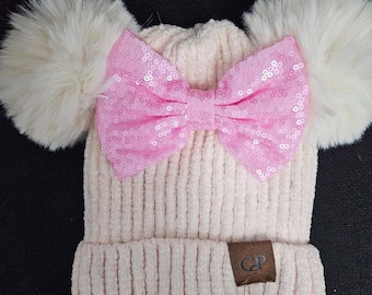 Ivory white  Minnie Mouse Ears Beanie, Winter BEANIE, Pom Pom Beanie,Holiday Gifts for Friends Teen Gift Ideas Winter Christmas Gift for Her