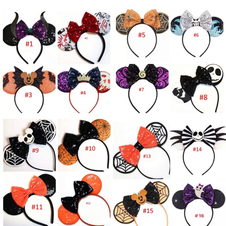 May include: Sixteen pairs of Halloween-themed Minnie Mouse ears with different designs, including a black and orange spiderweb design, a purple and black devil design, and a red and black bow design. Each pair of ears has a black headband.