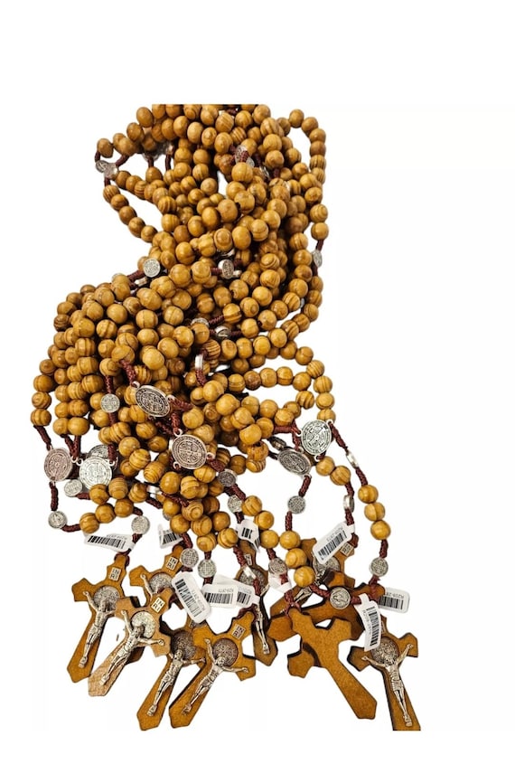 Set of 12 x wholesale bulk st benedict olive Wooden crystal glass rosary necklace for baptism , wedding , memorial religious favor