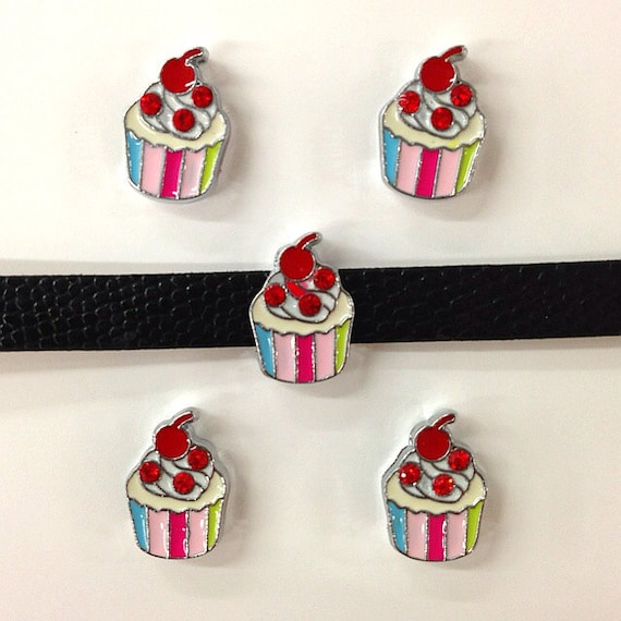 Set of 10pc Rhinestone Rainbow Cherry Cupcake Desert Slide Charm Fits 8mm Wristband for Jewelry / Crafting