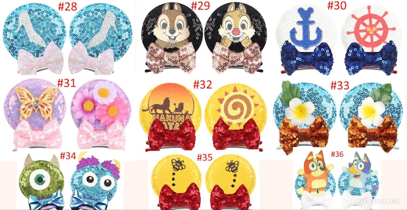 Puede incluir: Una colecci&oacute;n de pinzas para el cabello decorativas con varios dise&ntilde;os. Estos incluyen el zapato de cristal de Cenicienta, Chip y Chop, un ancla, un tim&oacute;n, una mariposa, flores, una escena de El Rey Le&oacute;n, un sol, abejas y personajes de Bluey. Cada pinza tiene una base de lentejuelas y un lazo.