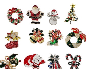 Christmas Brooch Pin / Holiday Brooch / Christmas Tree / Snowman / Christmas DIY / Party Favor / Rhinestone Christmas