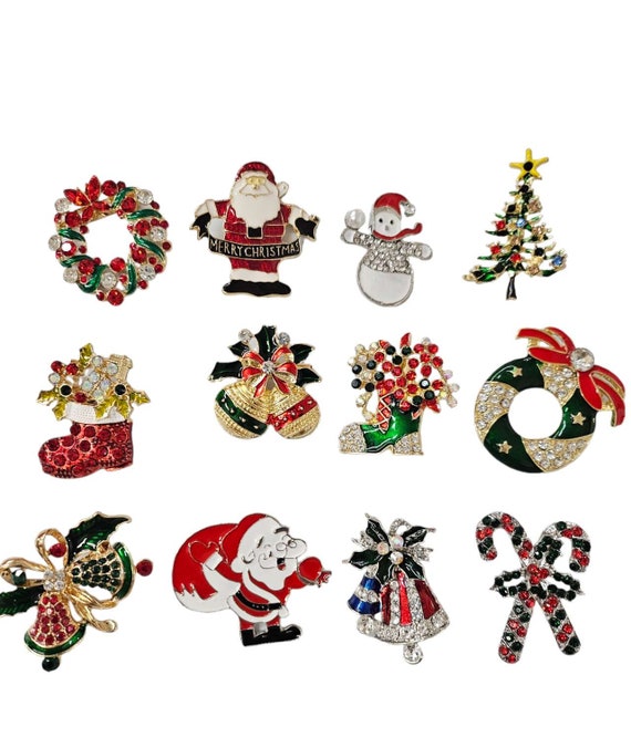 Christmas Brooch Pin / Holiday Brooch / Christmas Tree / Snowman / Christmas DIY / Party Favor / Rhinestone Christmas