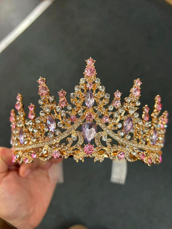 Gold pink purple  Tiara and Crown for Women Crystal Queen Crown Rhinestone Tiara for Girl Bride Wedding Hair Accessories for bridal