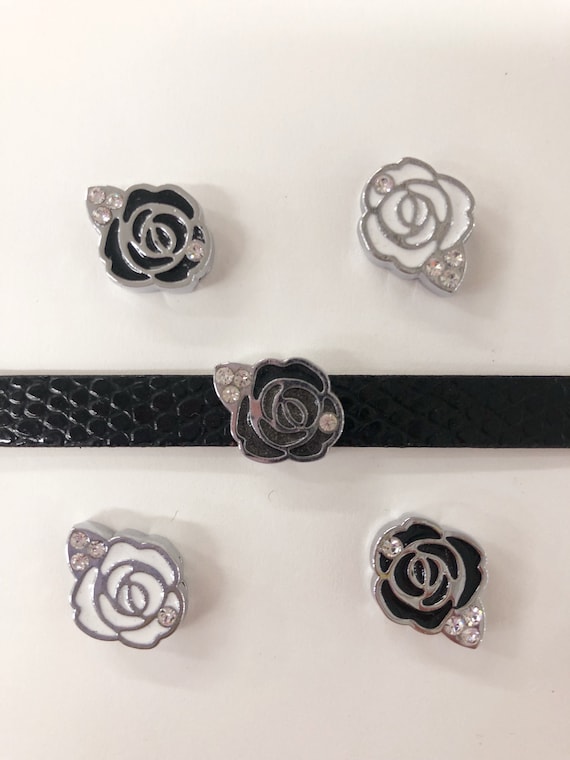 Set of 10pc Rhinestone Black and white  Flower / Rose Slide Charm Fits 8mm Wristband for Jewelry / Crafting