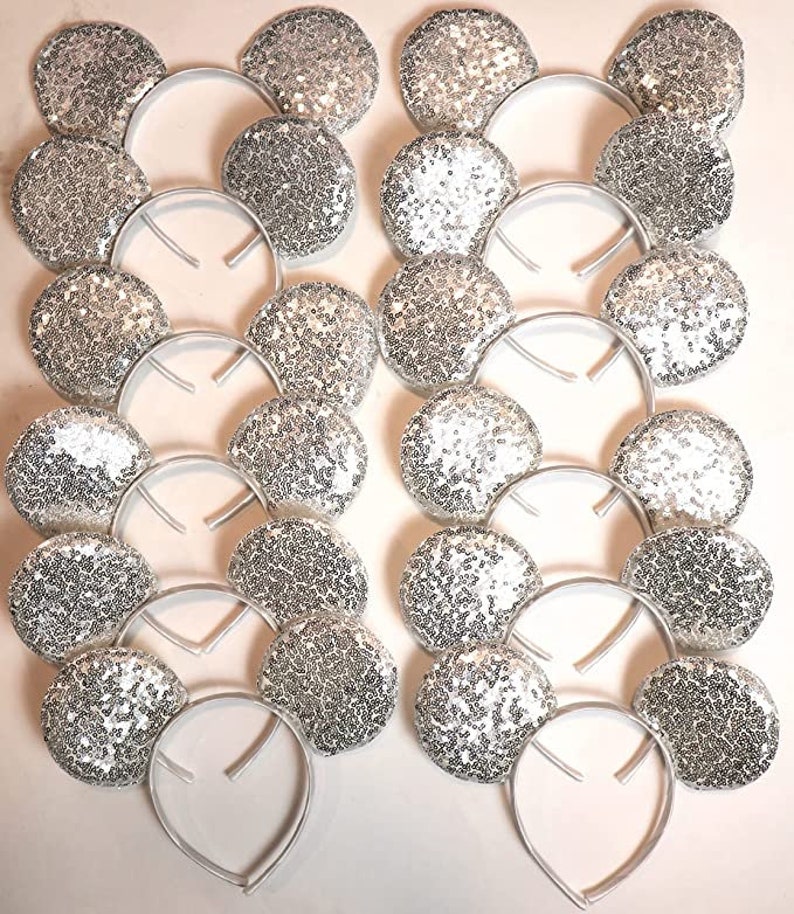 Set of 6 /12/24 Wholesale bulk Mickey Mouse Ears Black plain Black White rose gold Sequin Headband Birthday Party /Mickey ears with no Bow/ Silver sequin