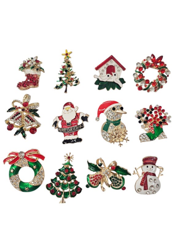 Christmas Brooch Pin / Holiday Brooch / Christmas Tree / Snowman / Christmas DIY / Party Favor / Rhinestone Christmas