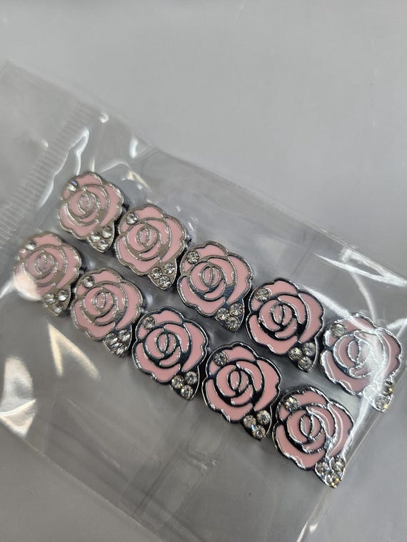 Set of 10pc Rhinestone Pink Flower / Rose Slide Charm Fits 8mm Wristband for Jewelry / Crafting
