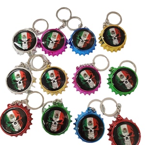 12 x Day of the Dead Halloween Skull Keychain Bottle opener / Mexican party favor flag skulls loteria key chains beer bottle opener.