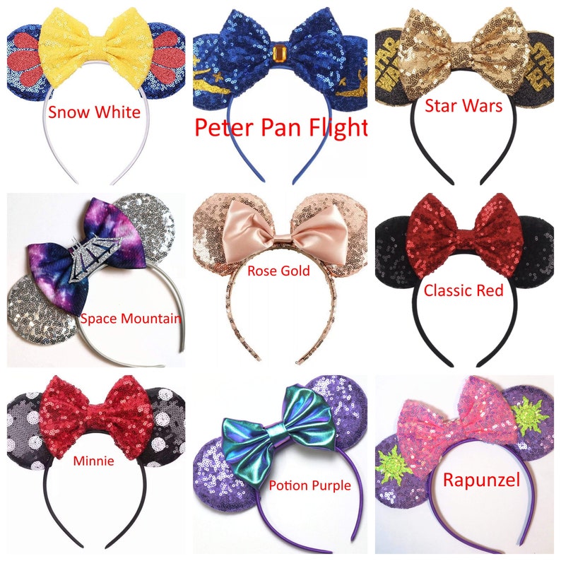 May include: Ten pairs of colorful sequined Minnie Mouse ears with different themes, including Snow White, Peter Pan Flight, Star Wars, Rose Gold, Classic Red, Space Mountain, Minnie, Potion Purple, and Rapunzel.