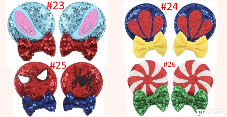 Puede incluir: Cuatro pares de accesorios para el cabello con lentejuelas. Un par presenta orejas azules con detalles en rosa y un lazo rojo. Otro par tiene detalles en rojo y azul con un lazo amarillo. El tercer par tiene una cara roja con un dise&ntilde;o de ara&ntilde;a y un lazo azul. El &uacute;ltimo par tiene rayas rojas y blancas con un lazo verde.