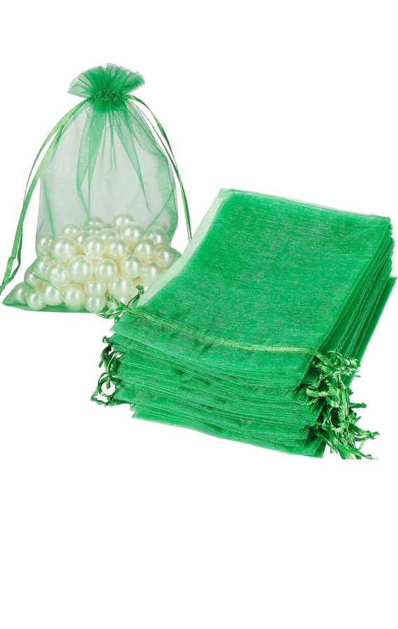 Set of 12/50/100 5x7inches Christmas Green/ Ivory/ white Sheer Bags Drawstring, 50 Pcs Jewelry Gift Bags, Mesh Bags Drawstring Gift Bags,