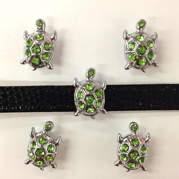 Set of 10pc Green Rhinestone Turtle Slide Charm Fits 8mm Wristband for Jewelry / Crafting