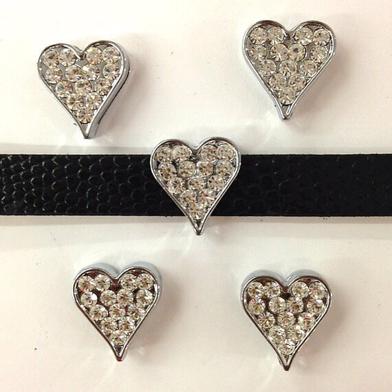Set of 10pc Silver Rhinestone Solid Heart Slide Charm Fits 8mm Wristband for Jewelry / Crafting